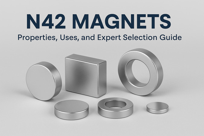 A set of N42 neodymium magnets in disc, block, and ring shapes on a light background, labeled with the article title