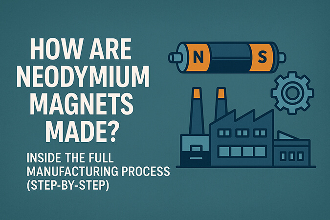 Cover illustration showing a factory and magnet icon with the title How Are Neodymium Magnets Made? Inside the Full Manufacturing Process (Step-by-Step)